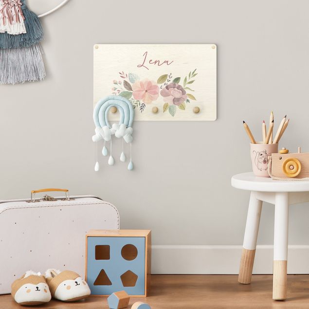Coat rack for children - Floral Watercolour Bouquet With Customised Name
