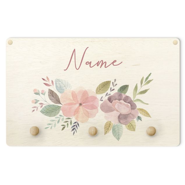Coat rack for children - Floral Watercolour Bouquet With Customised Name
