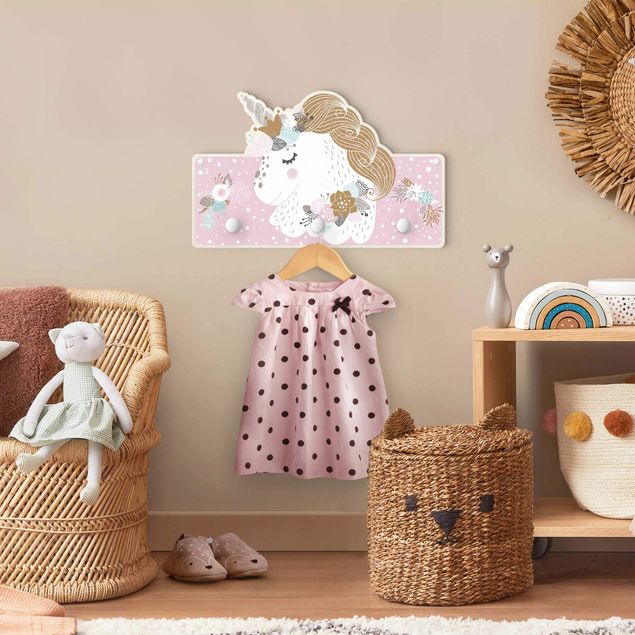 Coat rack for children - Floral Unicorn Pink