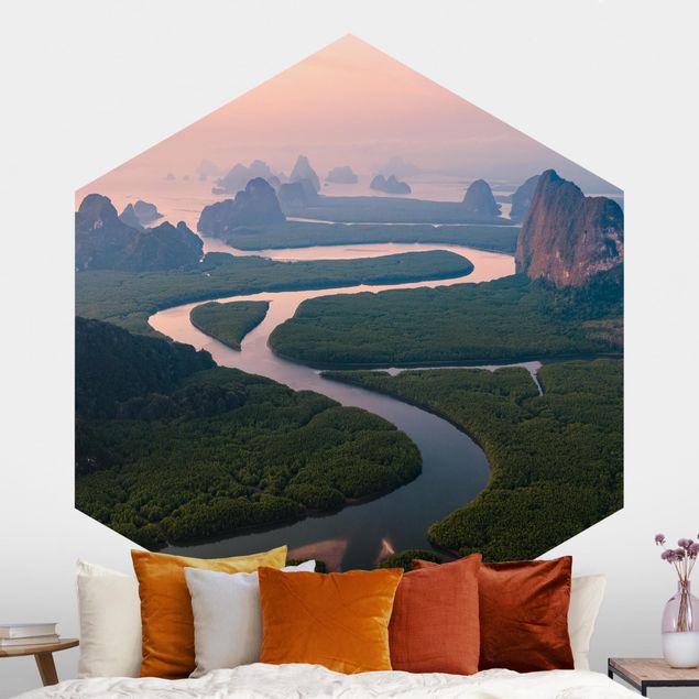 Hexagonal wall mural River Landscape In Thailand