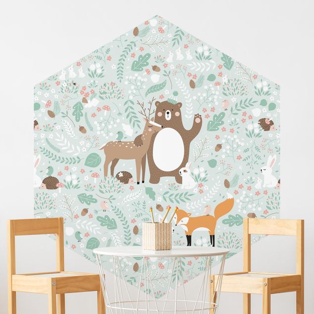 Hexagonal wall mural Forest-Friends-With-Forest-Animals