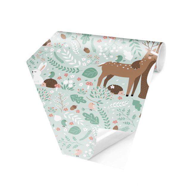 Self-adhesive hexagonal pattern wallpaper - Forest-Friends-With-Forest-Animals