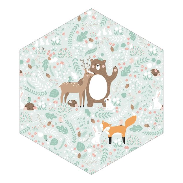 Self-adhesive hexagonal pattern wallpaper - Forest-Friends-With-Forest-Animals