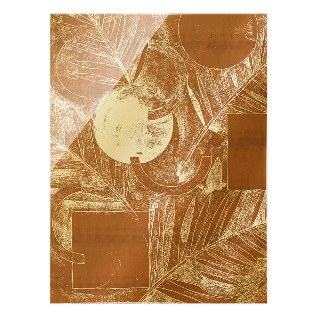 Glass print - Shapes And Leaves Copper I - Portrait format