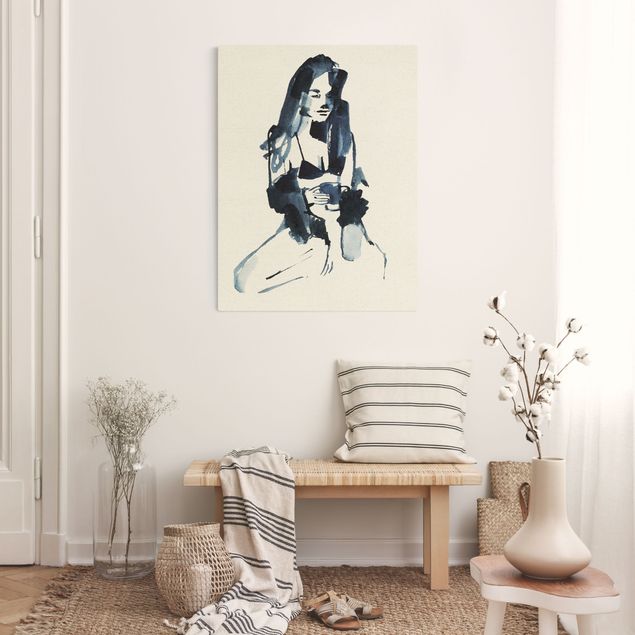 Natural canvas print - Woman In Blue Ink With Coffee - Portrait format 3:4