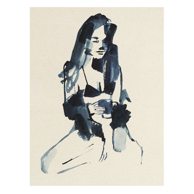 Natural canvas print - Woman In Blue Ink With Coffee - Portrait format 3:4
