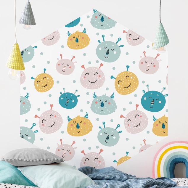 Hexagonal wall mural Friendly Monster Faces With Dots