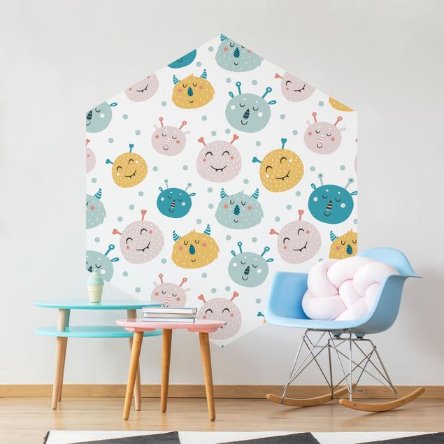 Self-adhesive hexagonal pattern wallpaper - Friendly Monster Faces With Dots