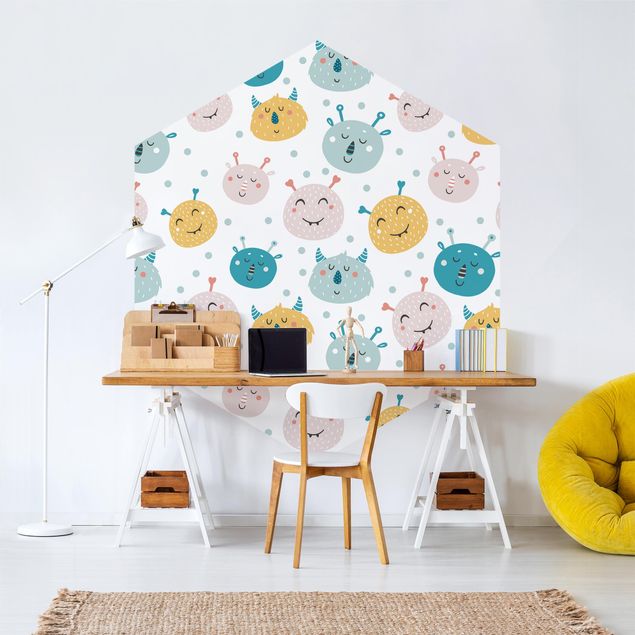 Self-adhesive hexagonal pattern wallpaper - Friendly Monster Faces With Dots