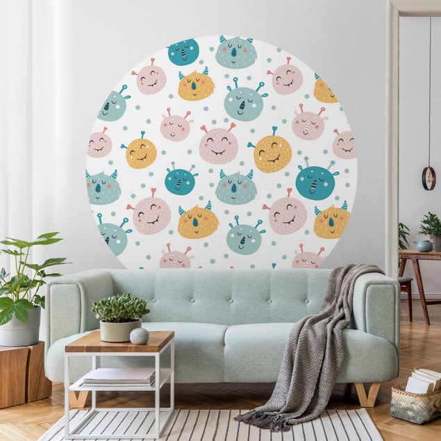 Self-adhesive round wallpaper - Friendly Monster Faces With Dots