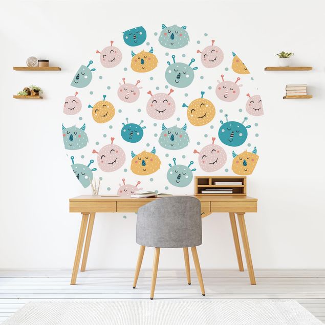 Self-adhesive round wallpaper - Friendly Monster Faces With Dots
