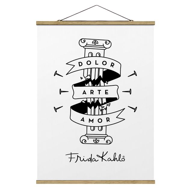 Fabric print with poster hangers - Frida Kahlo Dolor Arte Amor - Portrait format 3:4
