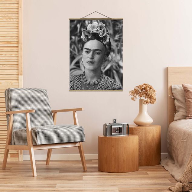 Fabric print with poster hangers - Frida Kahlo Photograph Portrait With Flower Crown - Portrait format 3:4