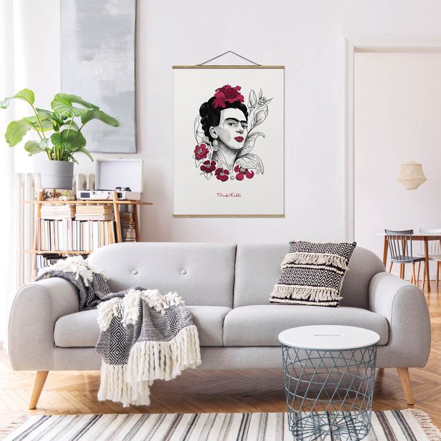 Fabric print with poster hangers - Frida Kahlo Portrait With Flowers - Portrait format 3:4
