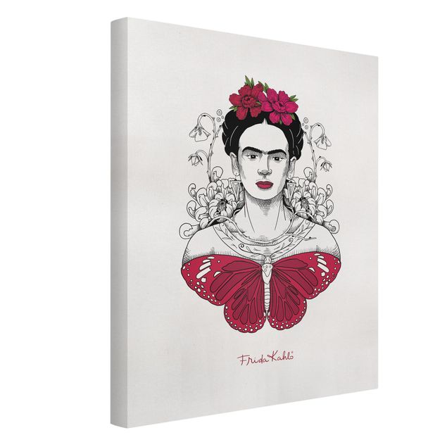 Canvas print - Frida Kahlo Portrait With Flowers And Butterflies - Portrait format 3:4