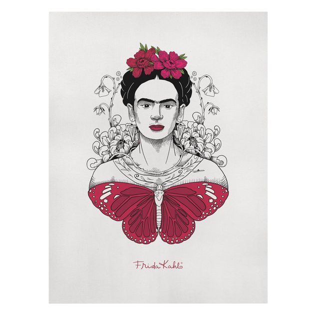 Canvas print - Frida Kahlo Portrait With Flowers And Butterflies - Portrait format 3:4