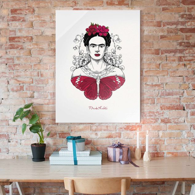 Glas Magnettafel Frida Kahlo Portrait With Flowers And Butterflies
