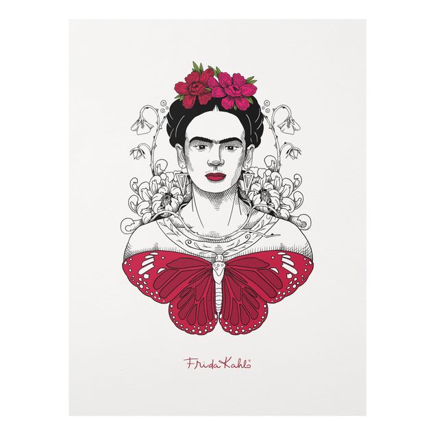 Glass print - Frida Kahlo Portrait With Flowers And Butterflies