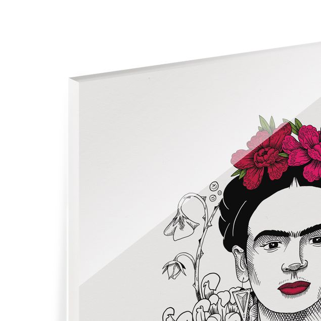 Glass print - Frida Kahlo Portrait With Flowers And Butterflies