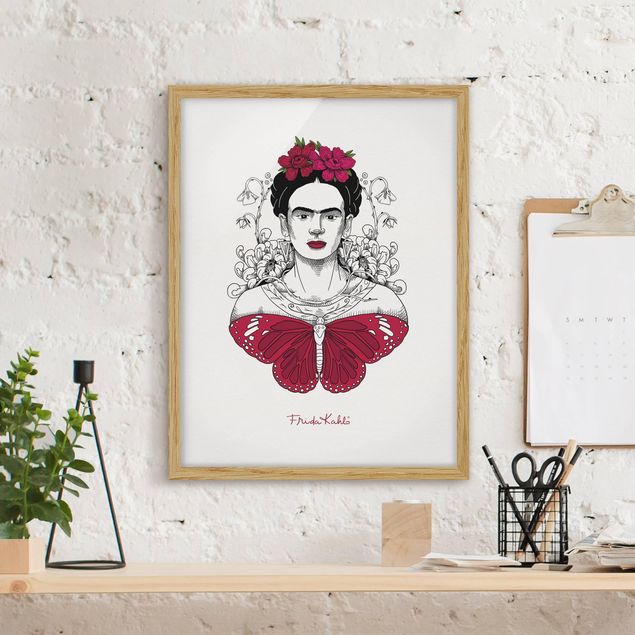 Framed poster - Frida Kahlo Portrait With Flowers And Butterflies