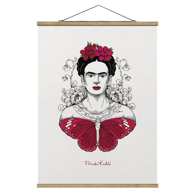 Fabric print with poster hangers - Frida Kahlo Portrait With Flowers And Butterflies - Portrait format 3:4
