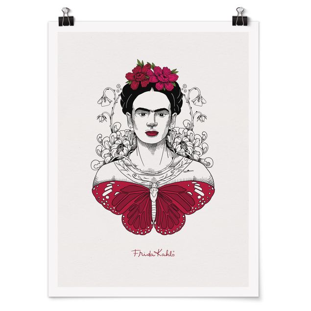 Poster art print - Frida Kahlo Portrait With Flowers And Butterflies