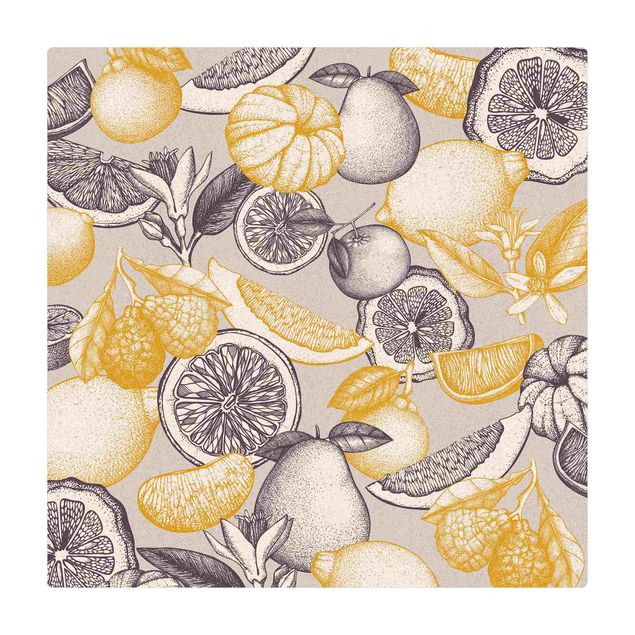 Cork mat - Fresh Vintage Citrus Fruit In Colour Yellow grey - Square 1:1
