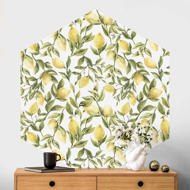 Self-adhesive hexagonal wall mural Fruity Lemons With Leaves