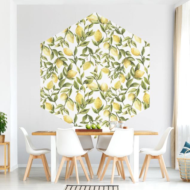 Self-adhesive hexagonal pattern wallpaper - Fruity Lemons With Leaves