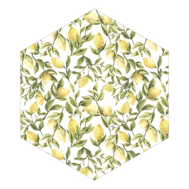 Self-adhesive hexagonal pattern wallpaper - Fruity Lemons With Leaves