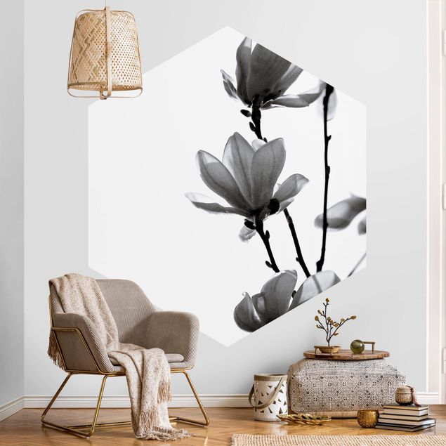 Self-adhesive hexagonal pattern wallpaper - Herald Of Spring Magnolia Black And White