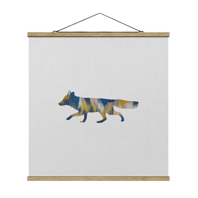 Fabric print with poster hangers - Fox In Blue And Yellow - Square 1:1