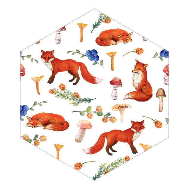 Self-adhesive hexagonal pattern wallpaper - Fox With Mushroom Illlustration