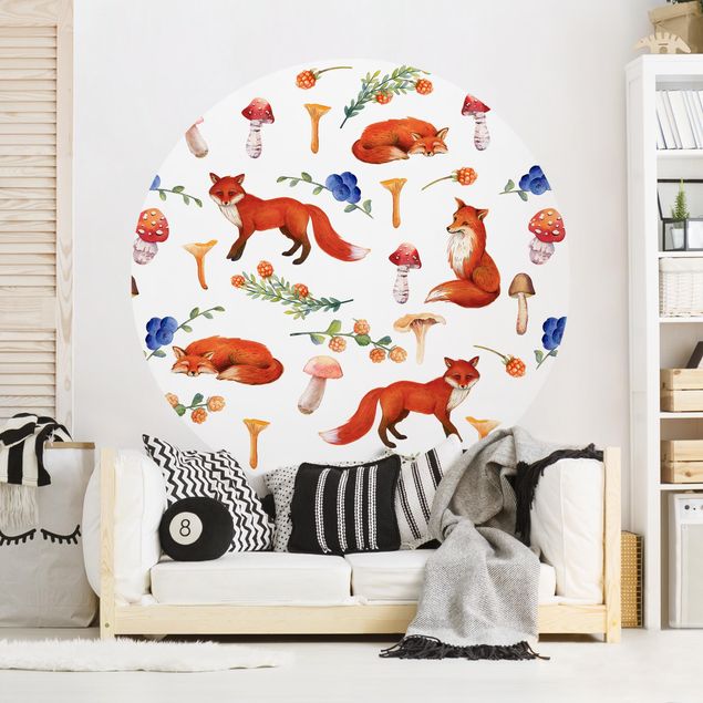 Self-adhesive round wallpaper - Fox With Mushroom Illlustration