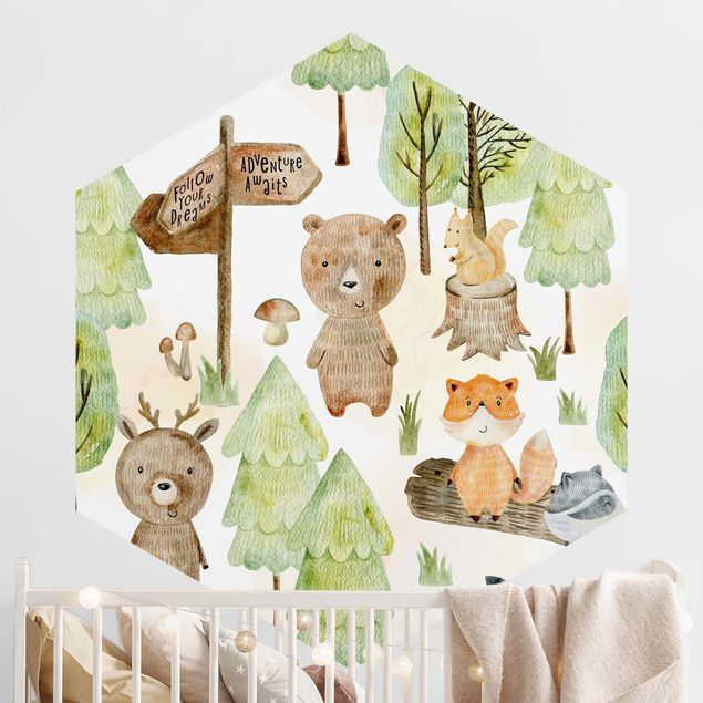 Self-adhesive hexagonal wall mural Fox And Bear With Trees