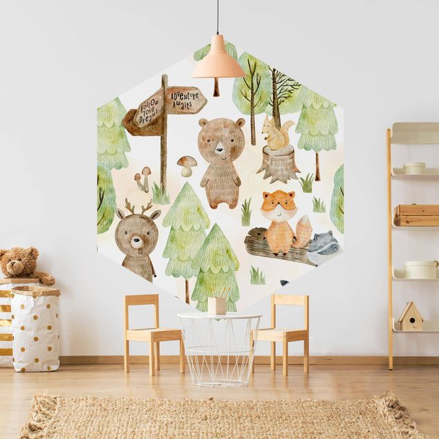 Self-adhesive hexagonal pattern wallpaper - Fox And Bear With Trees