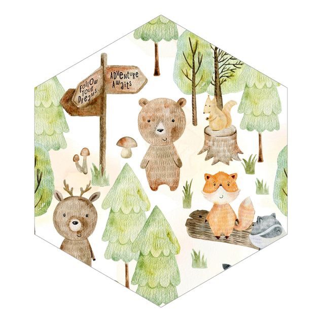 Self-adhesive hexagonal pattern wallpaper - Fox And Bear With Trees