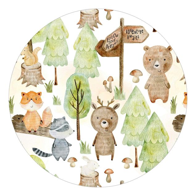 Self-adhesive round wallpaper kids - Fox And Bear With Trees