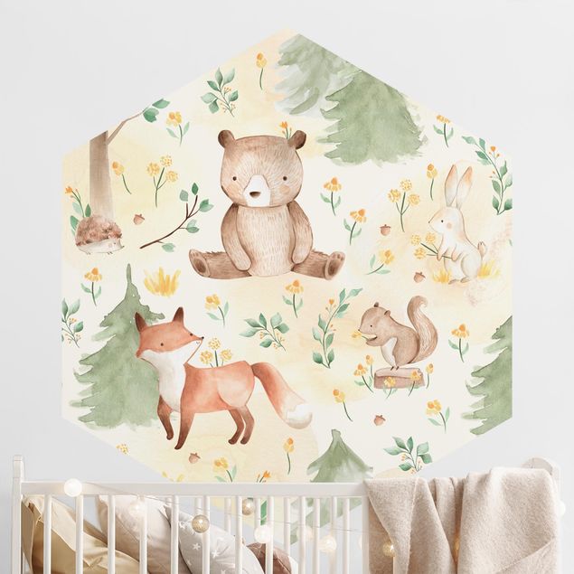 Hexagonal wall mural Fox and bear with flowers and trees