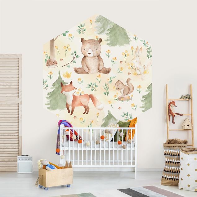 Self-adhesive hexagonal pattern wallpaper - Fox and bear with flowers and trees