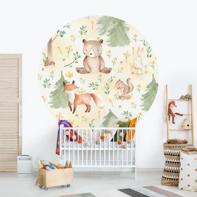 Self-adhesive round wallpaper - Fox and bear with flowers and trees