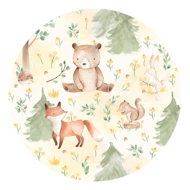 Self-adhesive round wallpaper - Fox and bear with flowers and trees