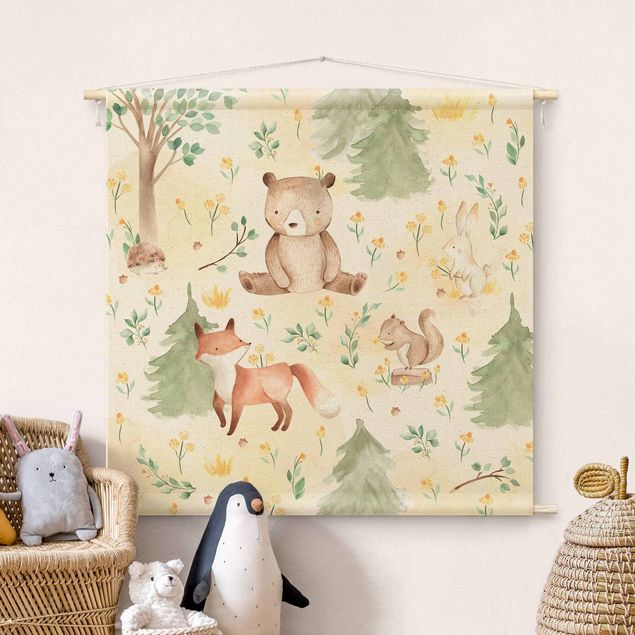 modern tapestry Fox and bear with flowers and trees