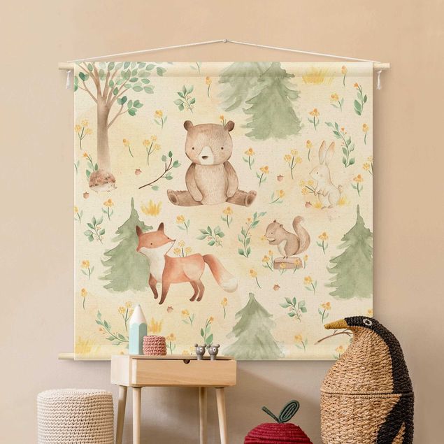 extra large tapestry Fox and bear with flowers and trees