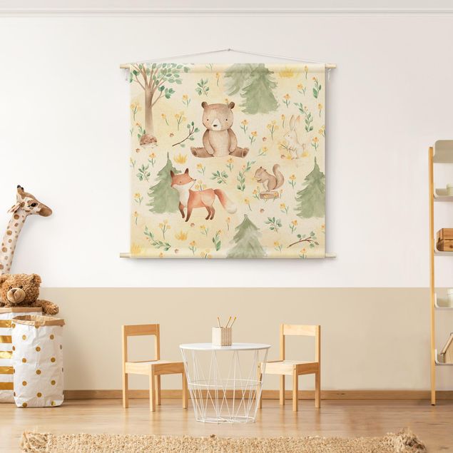 forest tapestry Fox and bear with flowers and trees