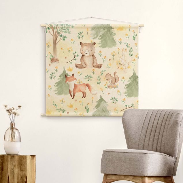 wall hangings Fox and bear with flowers and trees
