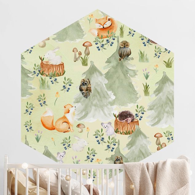 Hexagonal wall mural Fox And Owl With Trees