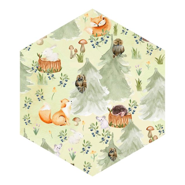 Self-adhesive hexagonal pattern wallpaper - Fox And Owl With Trees