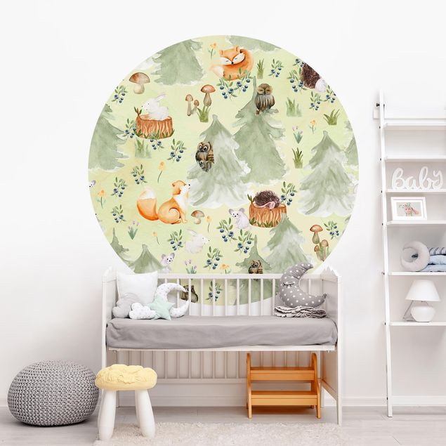 Self-adhesive round wallpaper kids - Fox And Owl With Trees