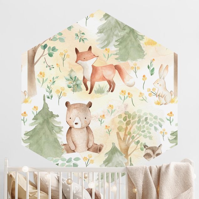 Self-adhesive hexagonal wall mural Fox And Hare With Trees